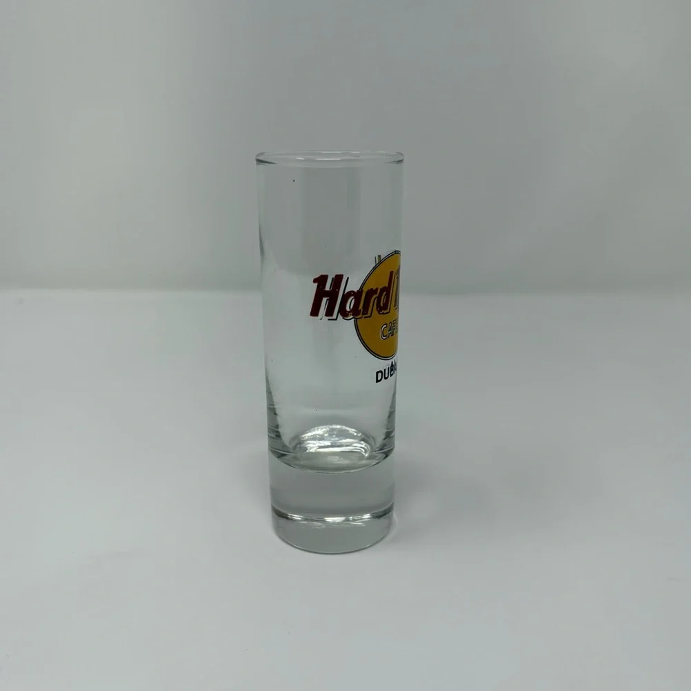 Hard Rock Cafe Dubai HRC Clear Shot Glass with Red and Yellow Logo 4” Tall